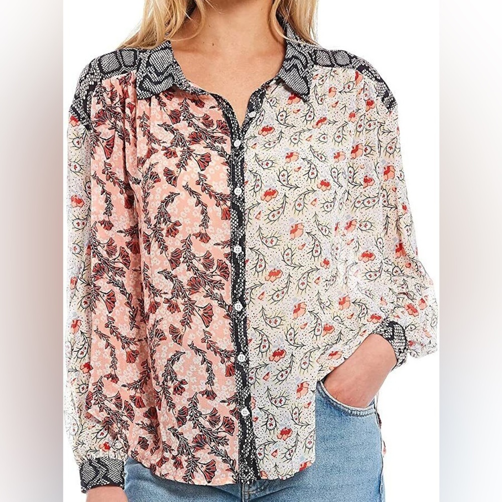 NWOT Free People Dani button up printed blouse